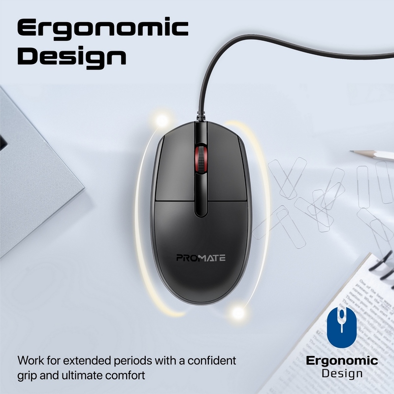 Promate Wired Mouse, Ergonomic Ambidextrous Optical Mouse with 6 million Keystrokes, 1200DPI, 3 Buttons, Hyper-Fast Scrolling, 1.5m Cord and Anti-Slip Grip for MacBook Pro, iMac, ASUS, Dell, CM-1200